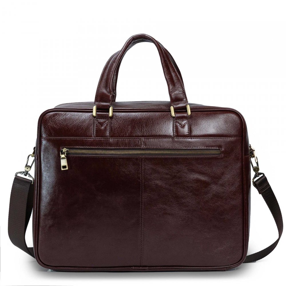 Geantă laptop Valmio din piele naturală, maro închis, dimensiuni 41x31x10cm, compartiment pentru laptop 16 inch