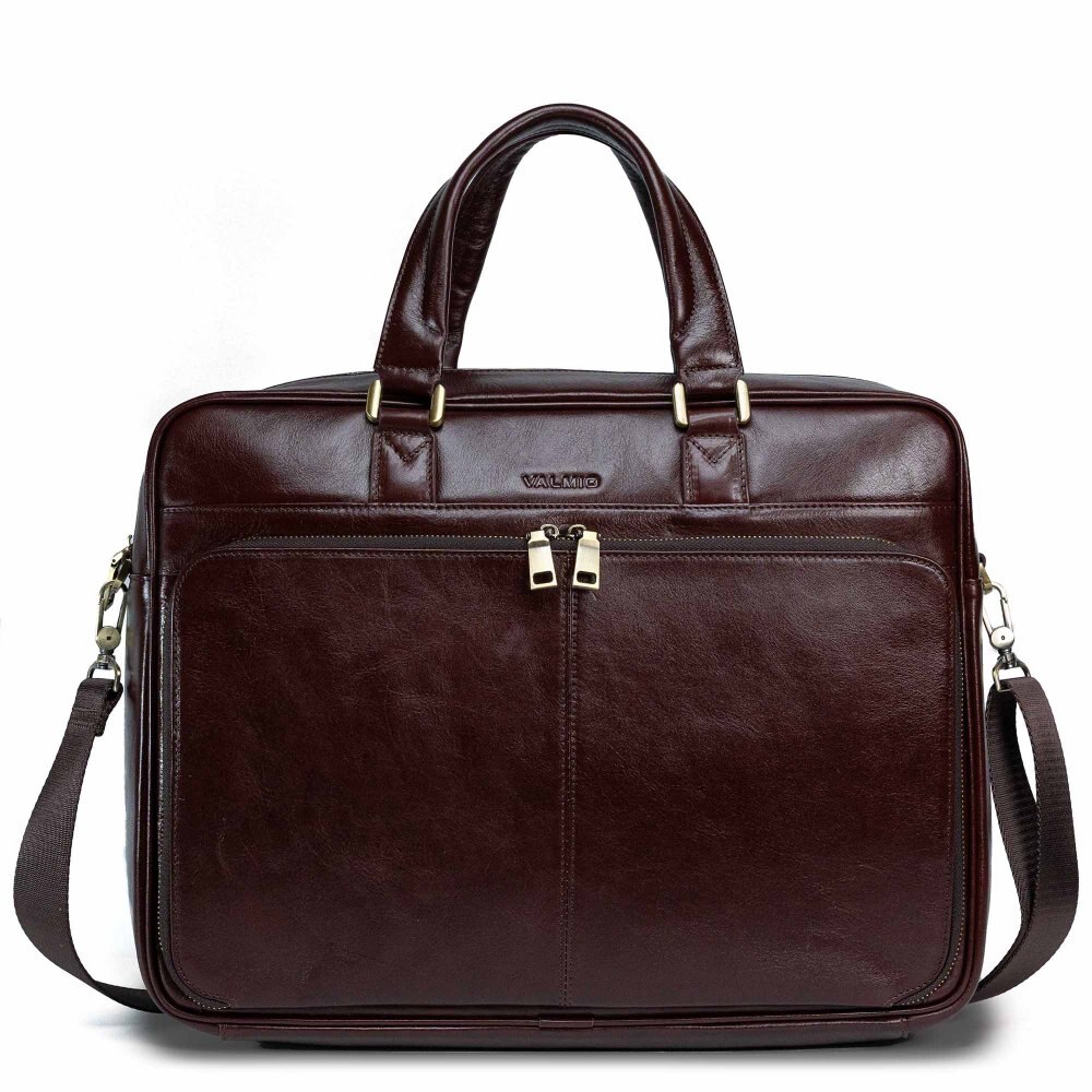 Geantă laptop Valmio din piele naturală, maro închis, dimensiuni 41x31x10cm, compartiment pentru laptop 16 inch