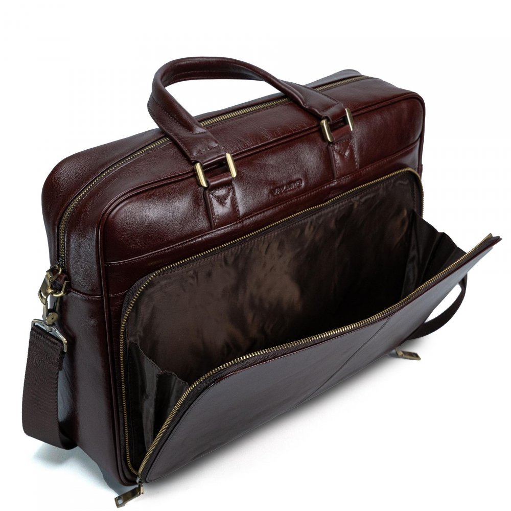 Geantă laptop Valmio din piele naturală, maro închis, dimensiuni 41x31x10cm, compartiment pentru laptop 16 inch