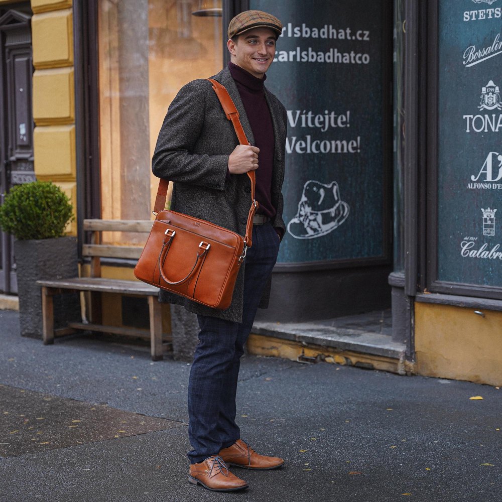 Geantă laptop VALMIO Classic, piele naturală, 2 compartimente, maro, 39x28, 5x9cm