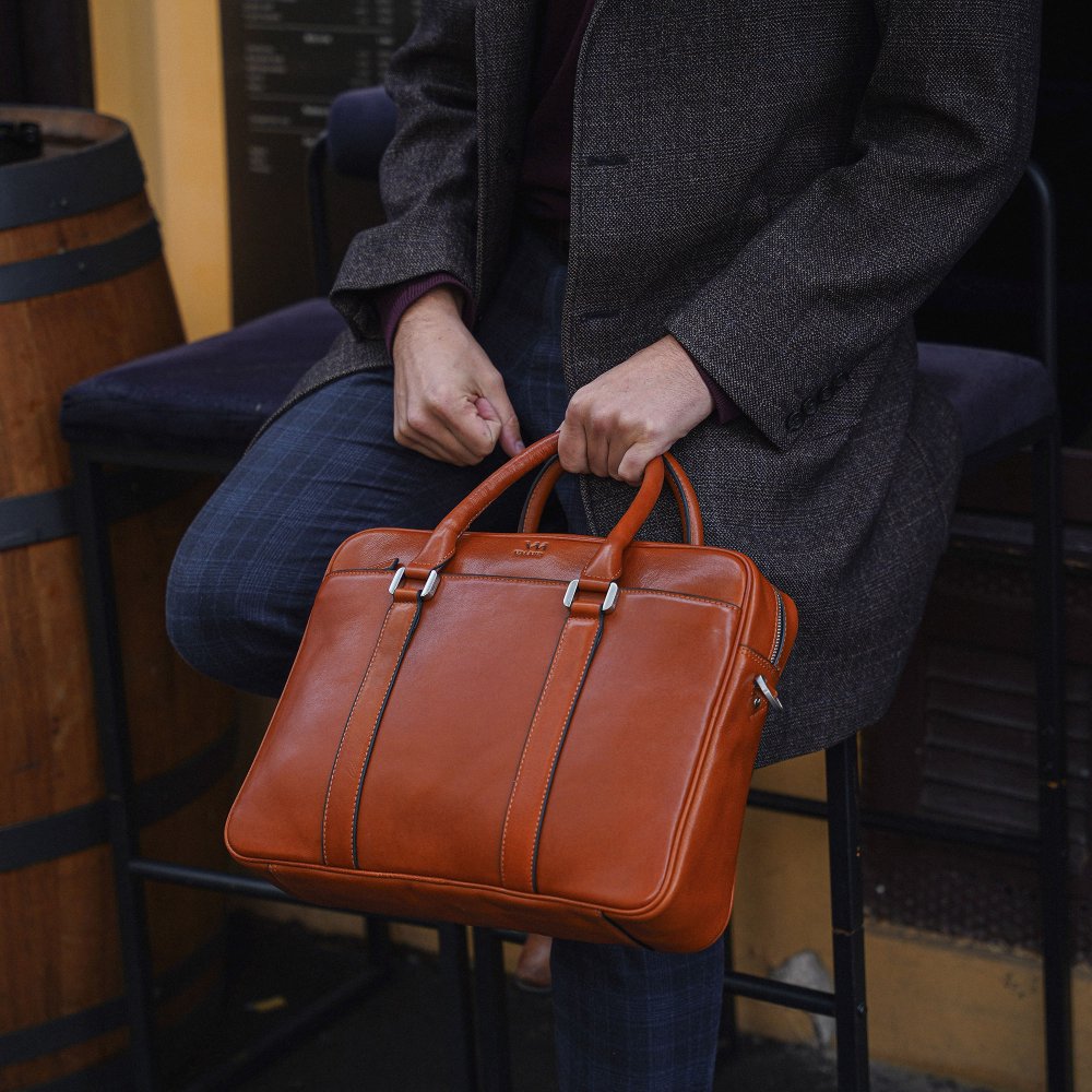 Geantă laptop VALMIO Classic, piele naturală, 2 compartimente, maro, 39x28, 5x9cm