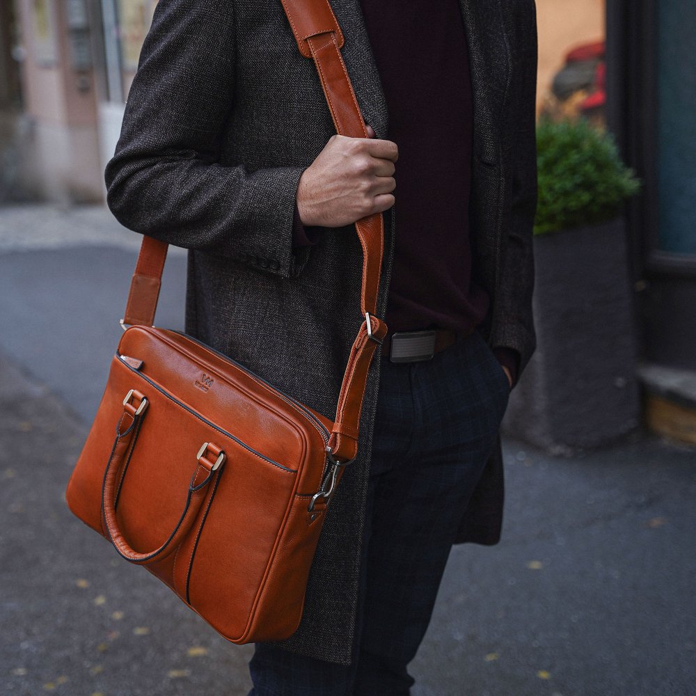 Geantă laptop VALMIO Classic, piele naturală, 2 compartimente, maro, 39x28, 5x9cm