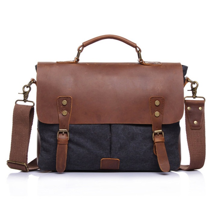 VALMIO Laptoptáska, szürke, 38x28x8cm, vászon és valódi bőr