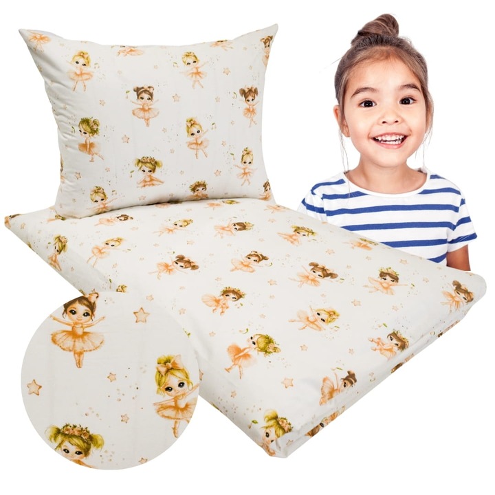 Set De Lenjerie Pentru Copii, 90 cm x 120 cm, 40 cm x 60 cm, Fermuar, 100% Bumbac, Oeko-Tex Standard 100, Hipoalergenic, Balerine Bej, Bej