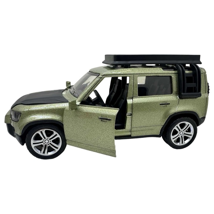 Fém makett Land Rover Defender zöld 1:28 hanggal, fényekkel