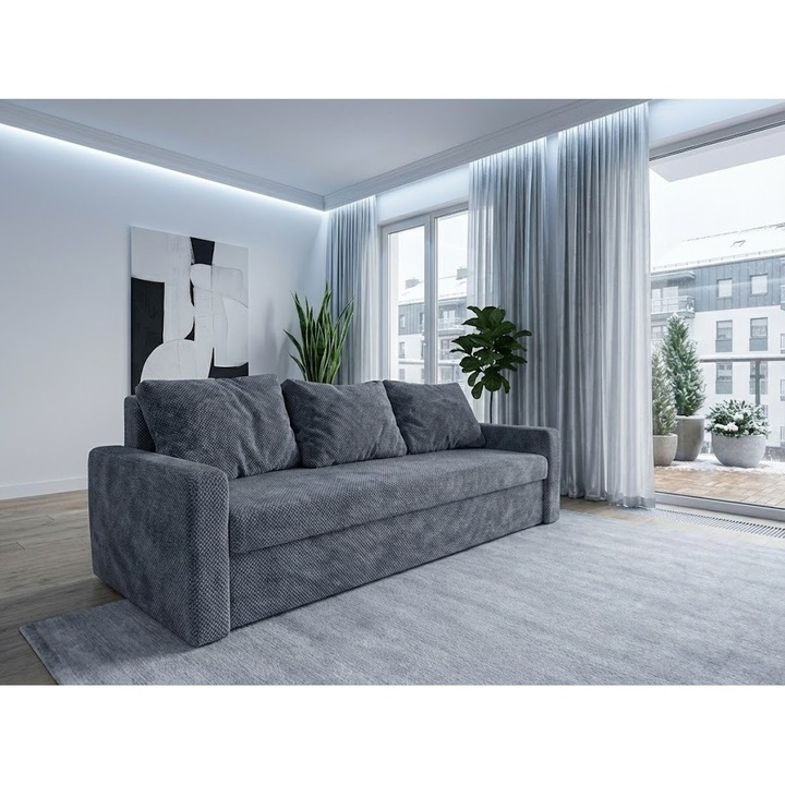Canapea 3 locuri Tokyo, cu lada de depozitare, material rezistent la pete, sezut cu arcuri, 229x91x95 cm, Antracit