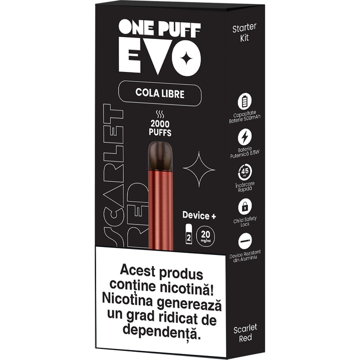 Kit One Puff Evo Scarlet Red cu 2 capsule x Cola Libre, 2% nicotina