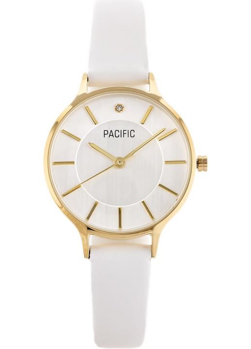 Ceas de dama, Pacific, X6133, 30 x 38 x 8, 5 mm, 30 atm, mecanism cu cuart, analog, strat antialergic, auriu, set cadou cu bratara in forma de inima si cutie eleganta, argintiu, alb