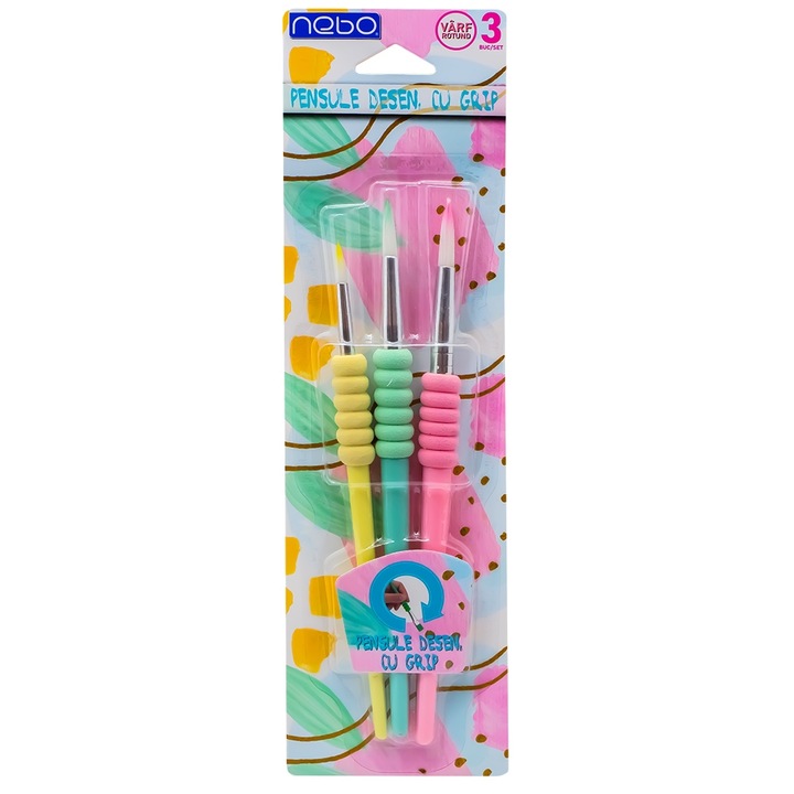 Set 3 Pensule Desen Varf Rotund NEBO cu Grip, Culori Pastel