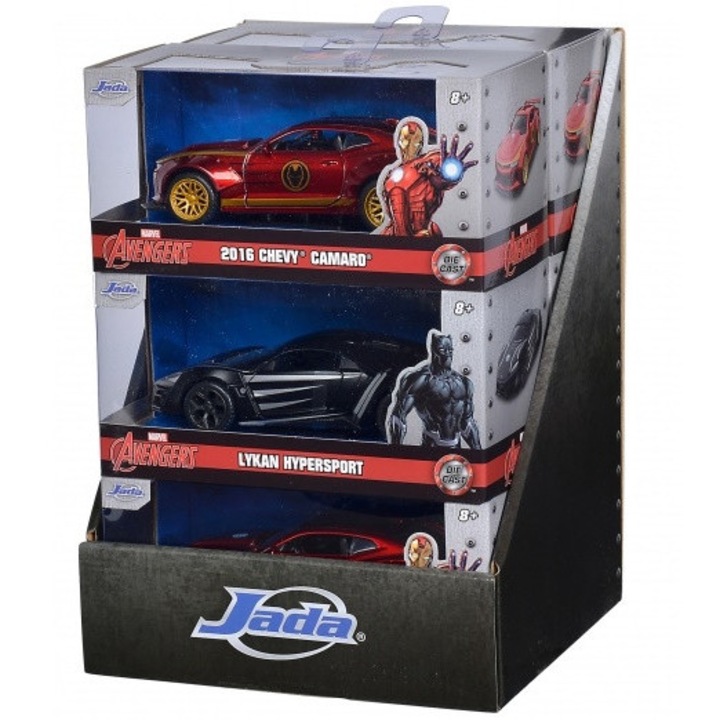 Masinute Simba set Marvel, Spiderman, Ironman, Capcaun Negru, 1:32, usi deschise, roti din cauciuc