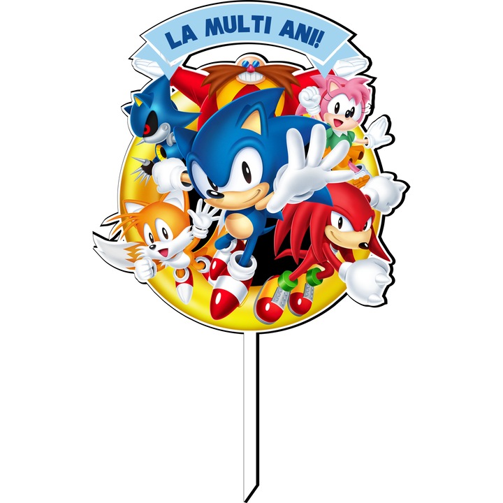 Topper Tort Sonic, Lemn MDF, Print UV Colorat, 13x5cm, Reutilizabil