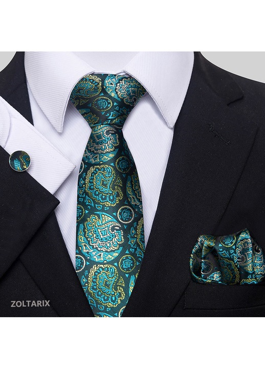 Set Cravata, cu Batista si Butoni si Ac de cravata, ZOLTARIX,146 x 7.5 cm, Polyester, Potrivit pentru petreceri de dans, nunti, banchete, afaceri, Confortabila si moale, Verde