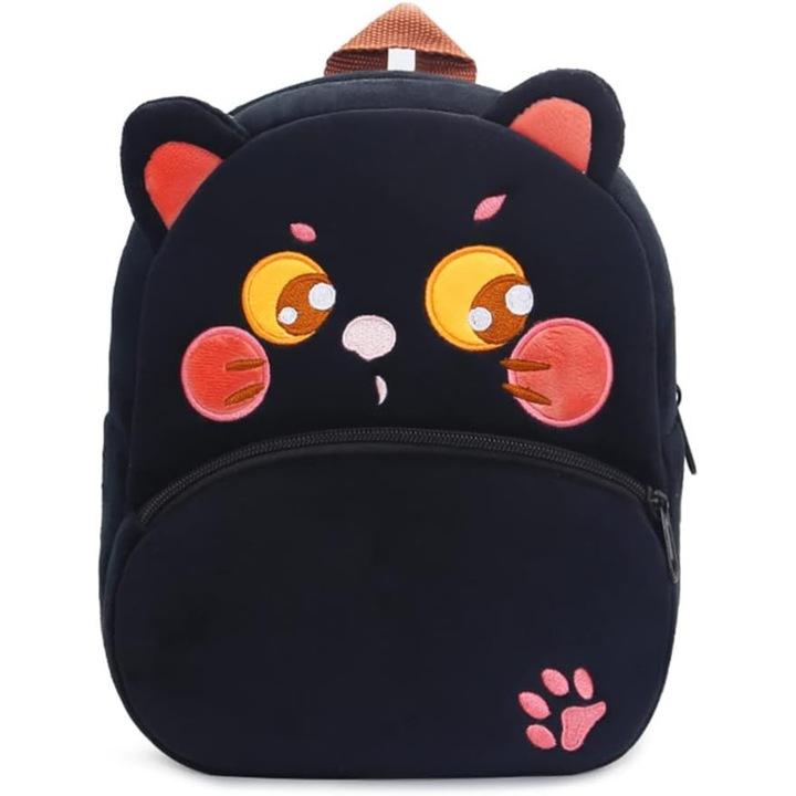 Ghiozdan copii din plus, pentru Copii prescolari / Gradinita, Dasbo®, moale si adorabil, pentru gradinita si joaca, Model pisicuta neagra, plus moale, bretele ajustabile, 26x24x10cm