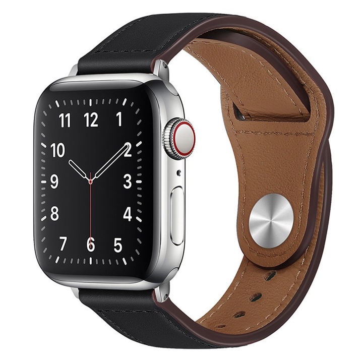 Férfi szíj Apple Watch 1/2/3/4/5/6/7/8/9/10/SE/SE 2 38/40/41/42mm-hez, F80, Öko bőr, Intenzív sötét