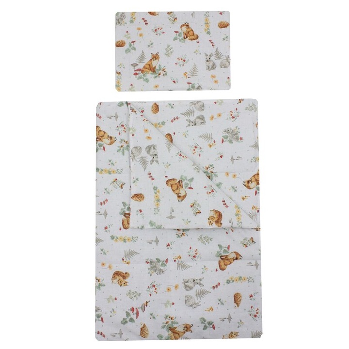 Lenjerie 2 piese, bumbac, Little fox, 120x60 cm, alb