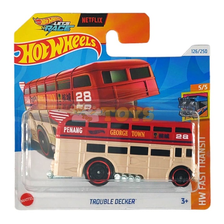 Количка играчка, Hot Wheels, Trouble Decker, крем/бежово и червено, 3+ години