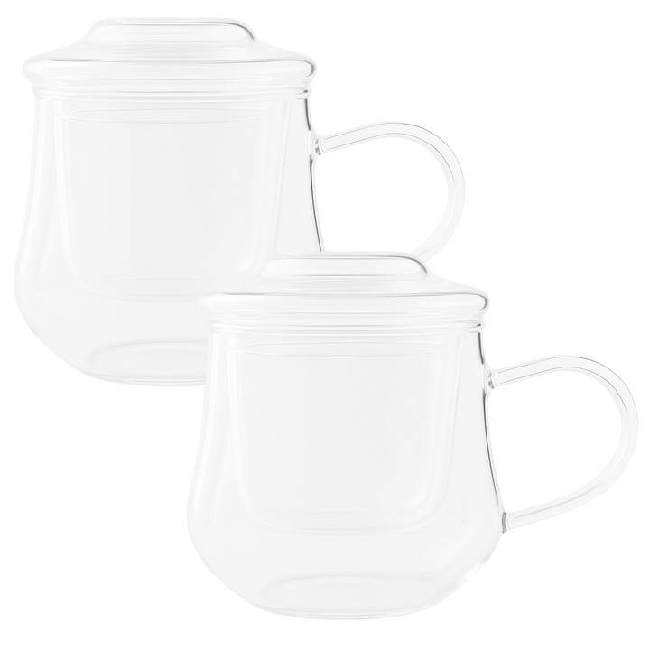 Set 2 cani moderne din sticla cu infuzor pentru ceai si ierburi 430 ml – design elegant, sticla borosilicata
