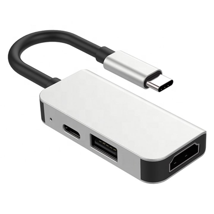 Adaptor USB-C 3 in 1, Spreest, HDMI, USB 3.0, Power Delivery, argintiu, 61x29x10mm