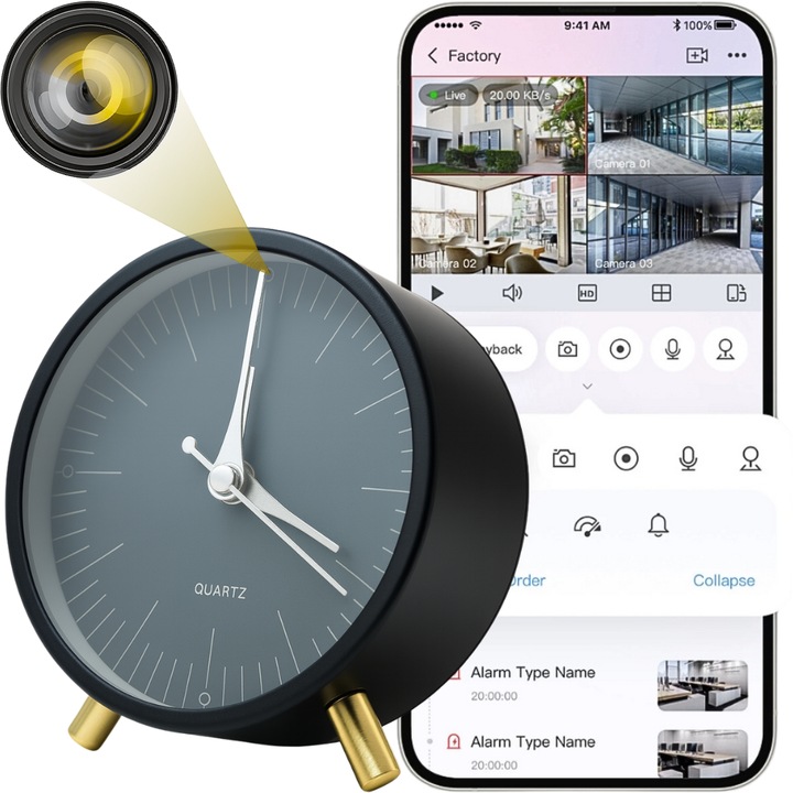 Мини шпионска камера в будилник, GTW217, 4K, Wi-Fi, 11x11x5,3см, комплект с 32GB карта