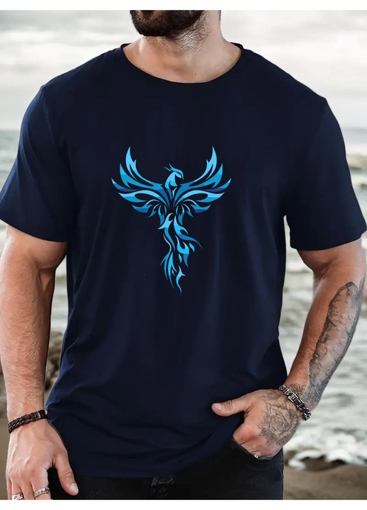 Tricou barbati Blue Phoenix Bird, 100% bumbac, perfect pentru tinute streetwear, de zi cu zi, Bleumarin inchis