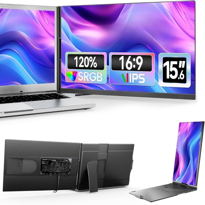 Kettős kihúzható laptop monitor 13.3"-17"-os laptopokhoz, 15.6" képernyővel, IPS Full HD 1080P kijelző, 60 Hz, 1.000:1 kontraszt, Kompatibilis Windows/MacOS/ChromeOS/Linux/Android rendszerekkel, Hordozható és összecsukható, Plug & Play, USB-C port,Fekete