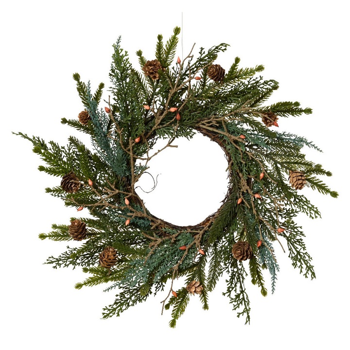 Mesterséges koszorú, beltéri, fenyő/díszek, 40x12 cm