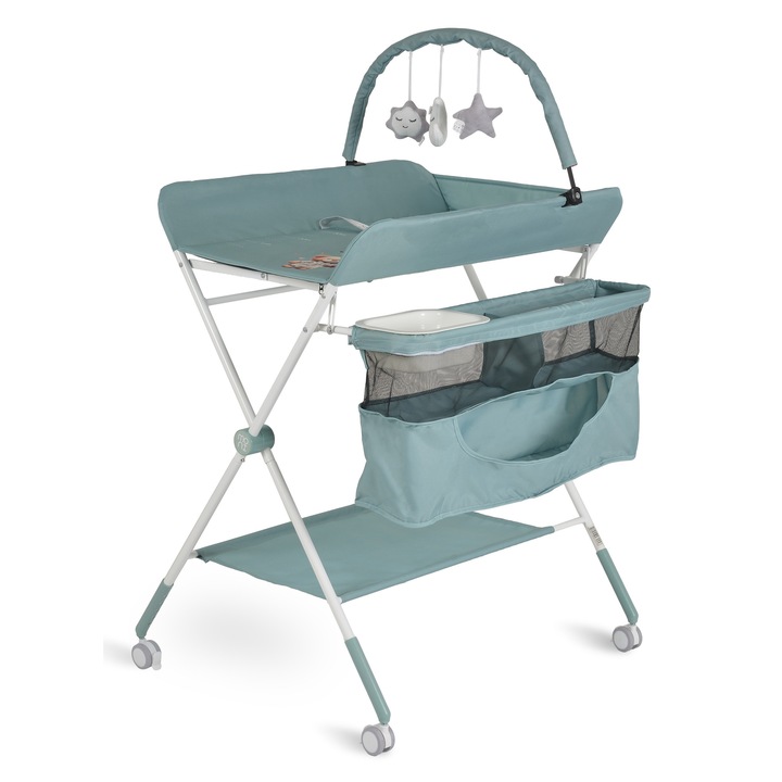 Masa de infasat multifunctionala Moni Kaskada, pliabila, reglabila pe inaltime, cu bara de jucarii, Mint