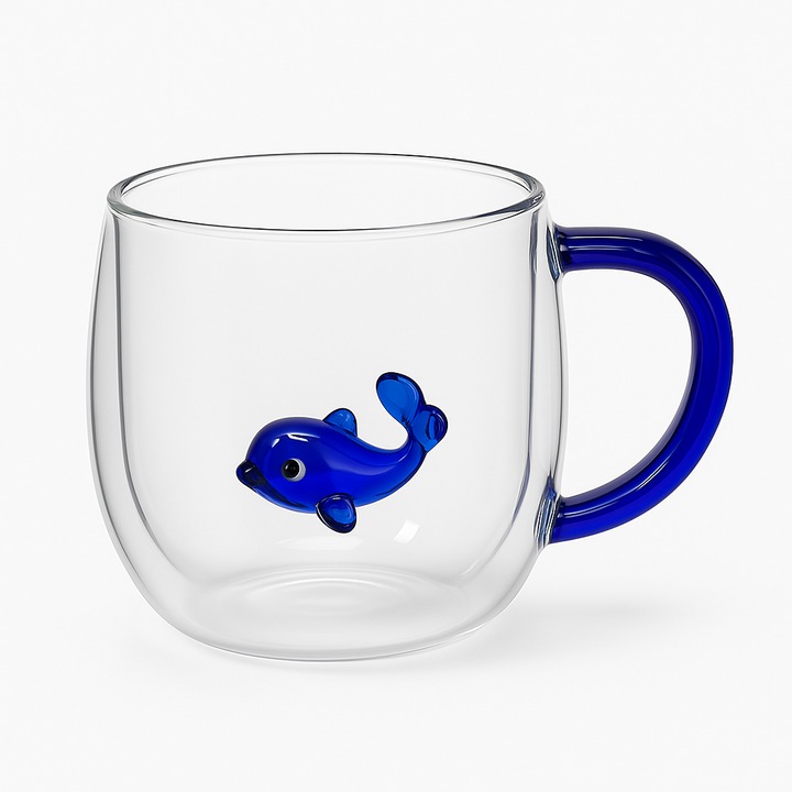 Cana din sticla, ABS, 380 ml, figura 3D peste albastru, maner colorat