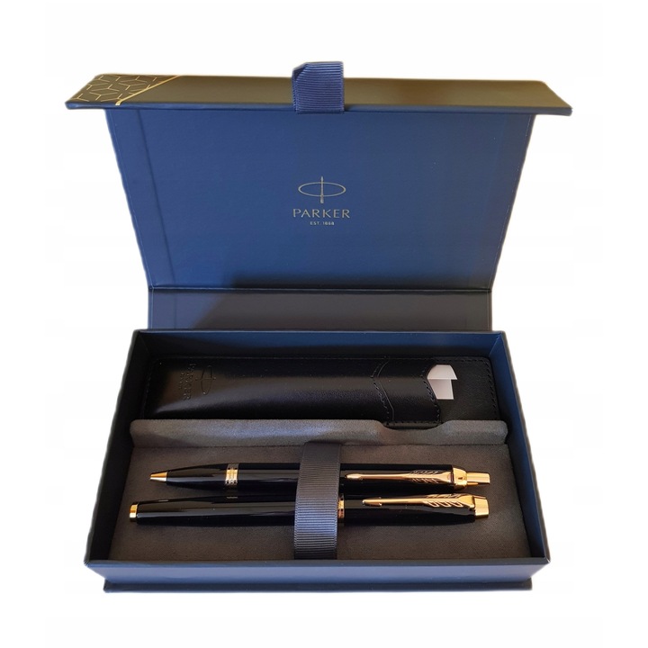 Set instrumente de scris Parker IM, negru, finisaje aurii, cu etui elegant