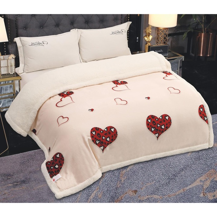 Patura CHIRASO, Cocolino cu Blanita pe interior, 200x230 cm, Groasa, Moale si Calduroasa, crem-rosu