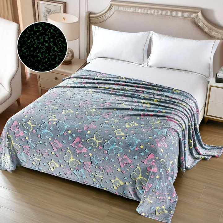 Patura CHIRASO Cocolino Fosforescenta Glow in Dark 200x230cm, Lumineaza delicat in intuneric, gri-roz-galben