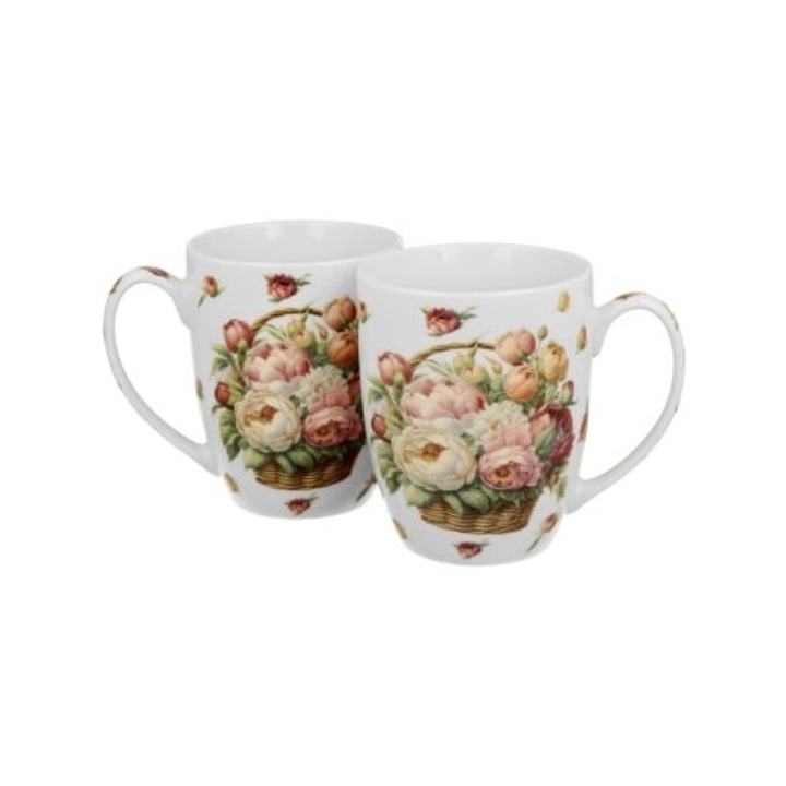 Set 2 cani, 5 O'Clock Tea, Portelan, model bujori, 350ml, multicolor