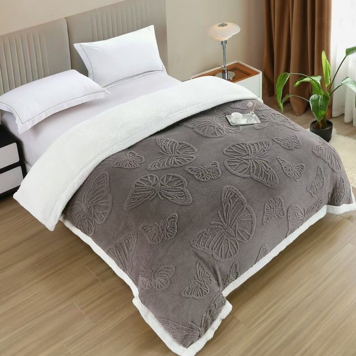 Patura CHIRASO, Cocolino cu Blanita pe interior, Model Gofrat Fluturi, 200x230 cm, Moale si Calduroasa, gri inchis