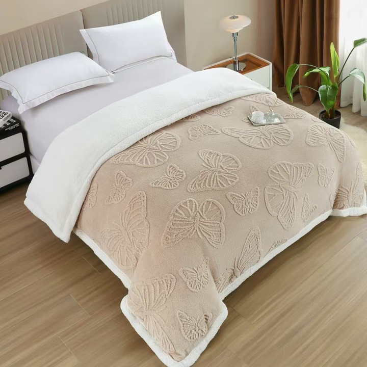 Patură CHIRASO Gofrat Fluturi, Cocolino cu Blanita, 200x230 cm, Moale, Maro Crem