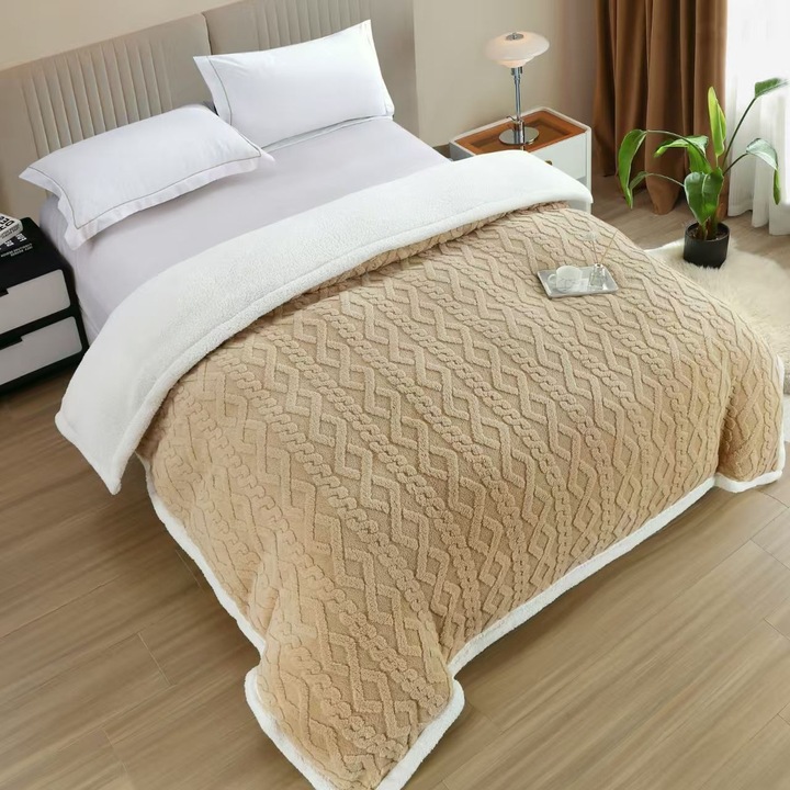 Patura CHIRASO, Gofrat Tricotat, Cocolino cu Blanita, 200x230cm, maro deschis