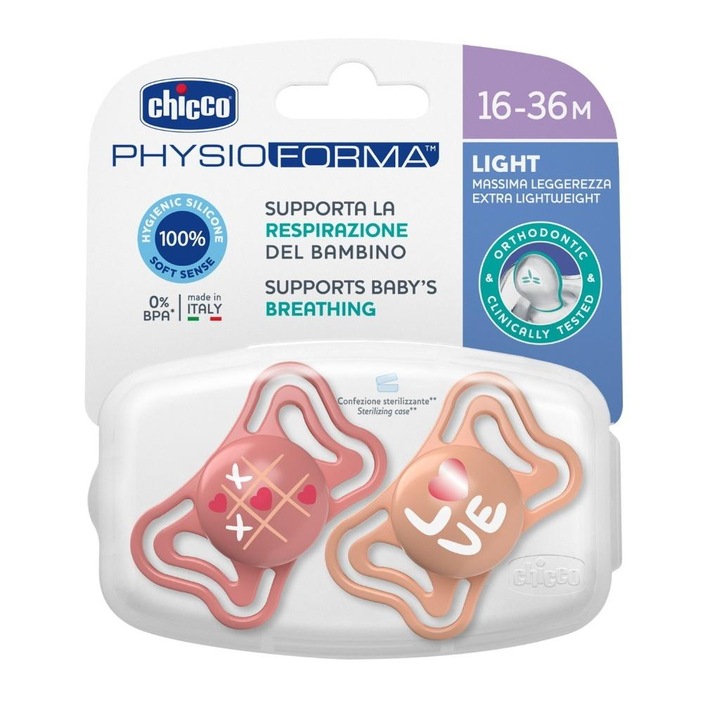 Set 2 suzete Chicco PhysioForma Light, silicon, ergonomic, 16-36 luni