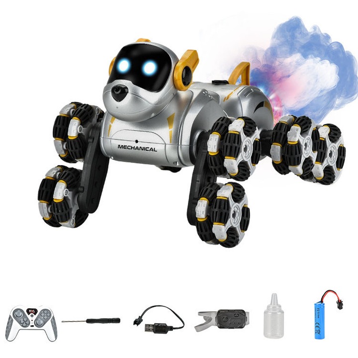 RC Куче робот ABCognify с осем колела — LED очи, пръскане с вода с едно докосване, музика и светлинно шоу, интерактивен подарък за деца