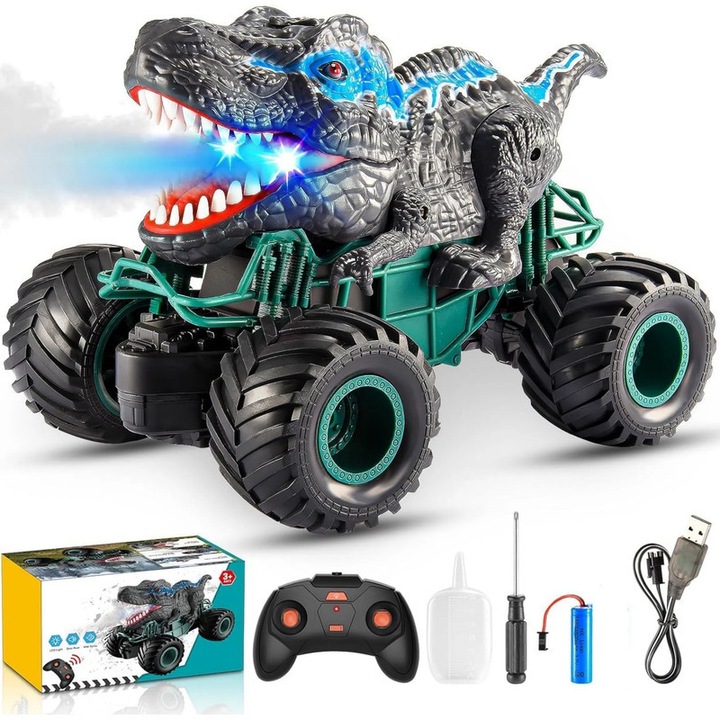 Masinuta RC cu dinozaur, Xiusaqio®, 2.4GHz, lumini LED, spray, gri