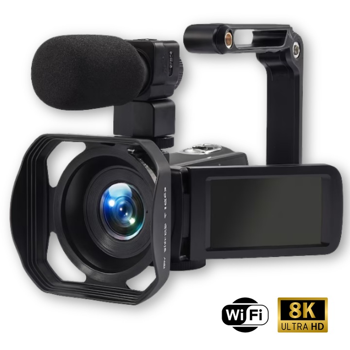 Camera digitala profesionala retro 8K Ultra HD, MBSTAR, cu Wi-Fi, microfon extern, ecran tactil rotativ 270°, stabilizare electronica EIS, zoom digital 18x, baterie reincarcabila 1500 mAh, compatibila PC, TV si smartphone, culoare negru