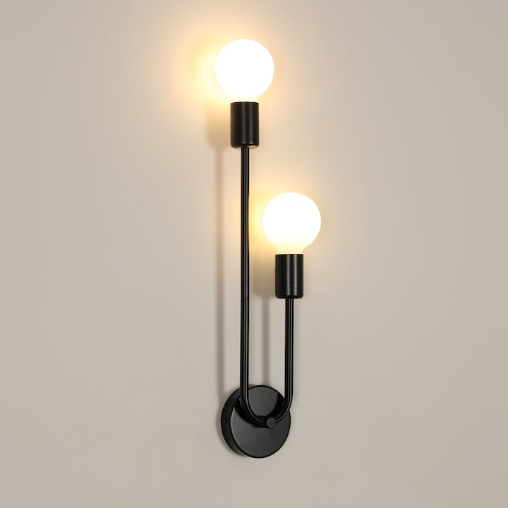 Aplica，Lampa de perete, Goeco, Negru, 2 capete, Fier, Retro, 47×11CM, E27, Bec neinclus, Potrivita pentru coridor, dormitor, living si sufragerie