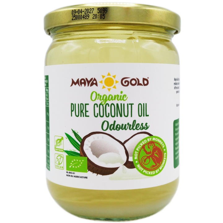 Ulei de cocos bio fara miros, ideal pentru prajire, coacere si cosmetica, borcan sticla, 500ml, Maya Gold Organic