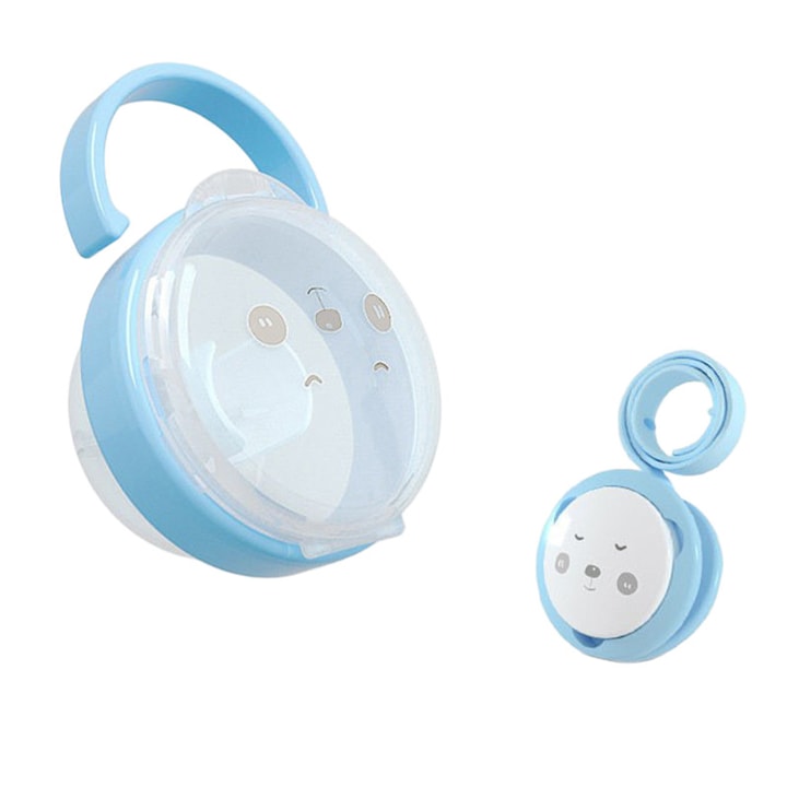 Cutie pentru suzete cu lant, ovala, silicon, rezistenta la temperaturi ridicate, 10.5x7.5x5.5cm, albastru