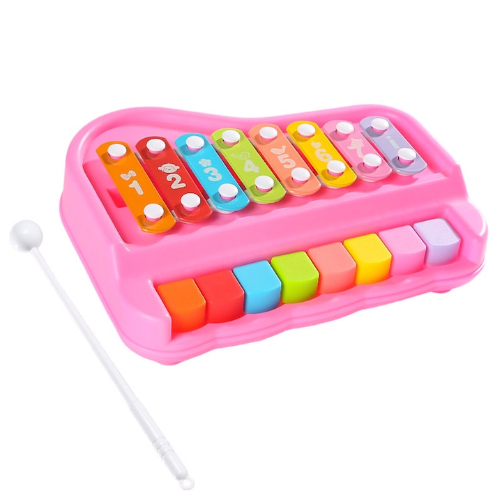 Instrument muzical de jucarie 2 in 1, 8 clape colorate, 2 ciocanele, 3 carduri muzicale, multicolor, 20.5x15.5x5cm