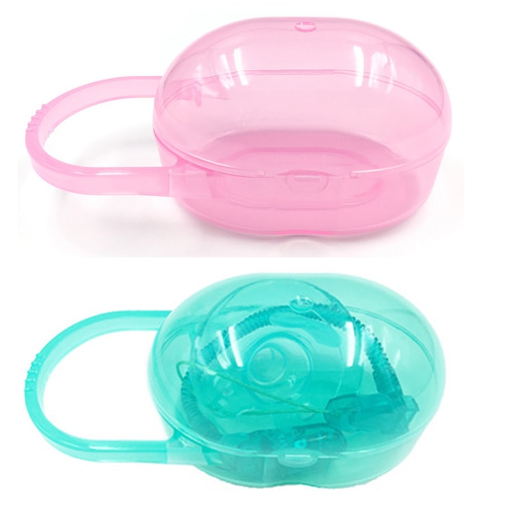 Cutie pentru suzeta din 2 piese, portabila, ovala, 11×5×4,9 cm, verde si roz