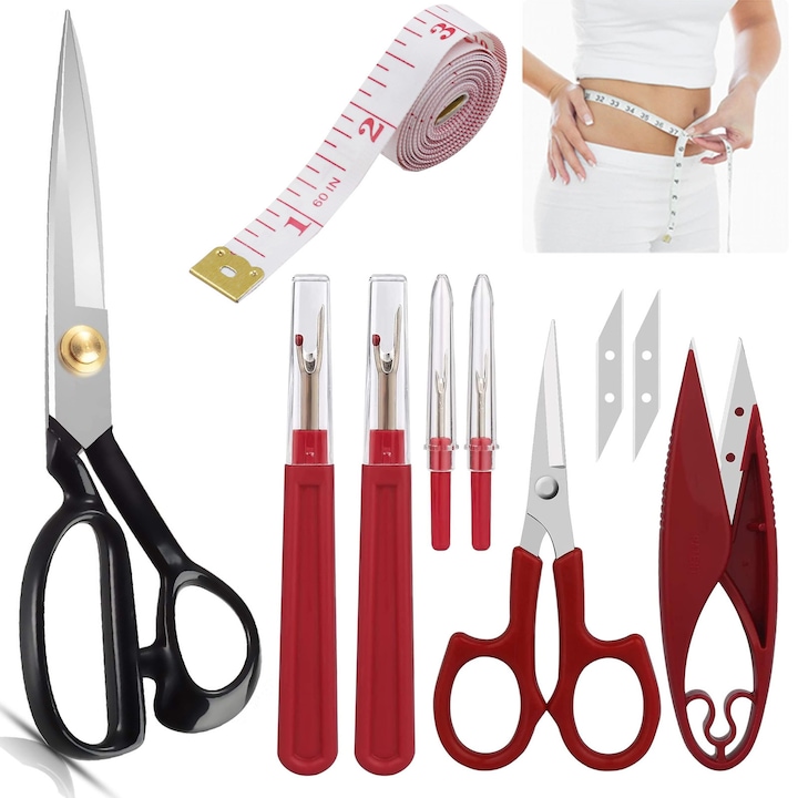 Foarfeca profesionala pentru croitorie, Axroad Mall, Set 1 foarfece/6ustensile desfacut cusaturi, Maner confortabil, Ascutit, Durabil, Rezistent la coroziune si uzura, Pentru taierea panzei, a pielii si a hartiei rigide, 23.5 x8.5cm, Multicolor