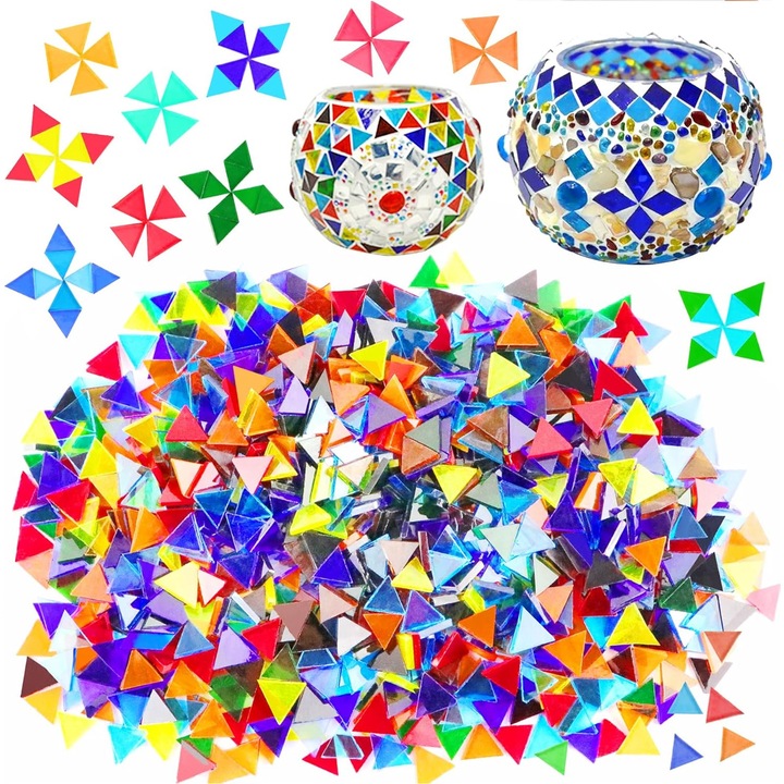 Set 670 mozaic colorat vrac, Axroad Mall, Cuburi de mozaic pentru lucrari de arta, Ultra-Subtire, Transmitanta, Triunghiuri, Mozaic decorativ colorat pentru decoratiuni, Activitate DIY artizanala, 100g, 10x1mm, Multicolor