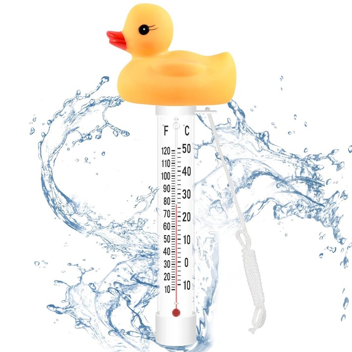 Termometre plutitor piscina, Axroad Mall, Termometru pentru baie, Rezistente, Model ratusca, Impermeabil si rezistent, Usor de citit si de transportat, Cu o franghie subtire, Rezistent la socuri, 50x120F, Sticla/Plastic, 22.5x10x7 cm, Galben