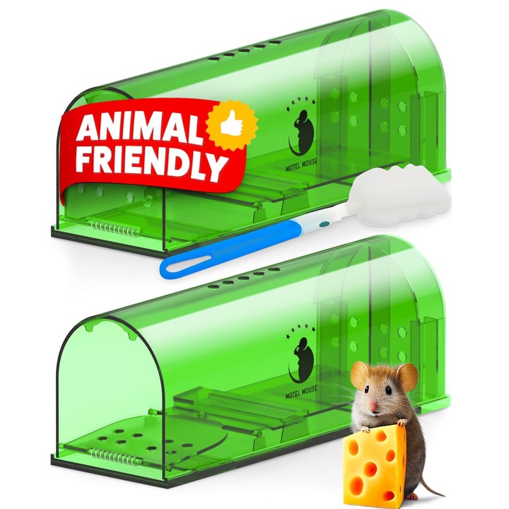Set 2 capcane umanitare pentru rozatoare, Axroad Mall, Capcane prindere soareci, Cu mecanism cu inchidere automata, Sigura si reutilizabila, Pentru prinderea fara cruzime a sobolanilor, 17.3x6.2x6.5 cm, Plastic, Verde transparent