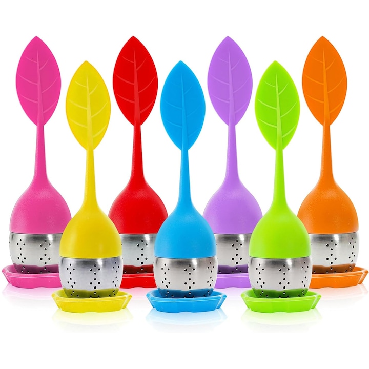 Set de 7 infuzoare pentru ceai, Axroad Mall, Infuzor din silicon in forma de frunza pentru ierburi si ceai, Plasa ultra fina, Usor de curatat, Design carlig, Rezistent la temperaturi inalte, Reutilizabile, 15x5cm, Silicon / Otel inoxidabil, Multicolor