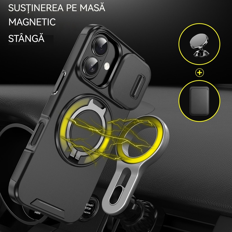 Husa de Protectie, Compatibila Apple iPhone 17, YSBER®, protectie camera, Rezistent la socuri, Rezistent la zgarieturi, Suport, Magnetica, Negru